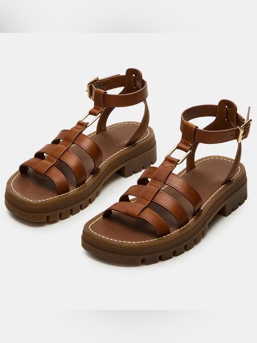 Steve Madden Jarelli Tan/Cognac Leather Sandals, Chunky Lug Sole Gladiator, Sz 5